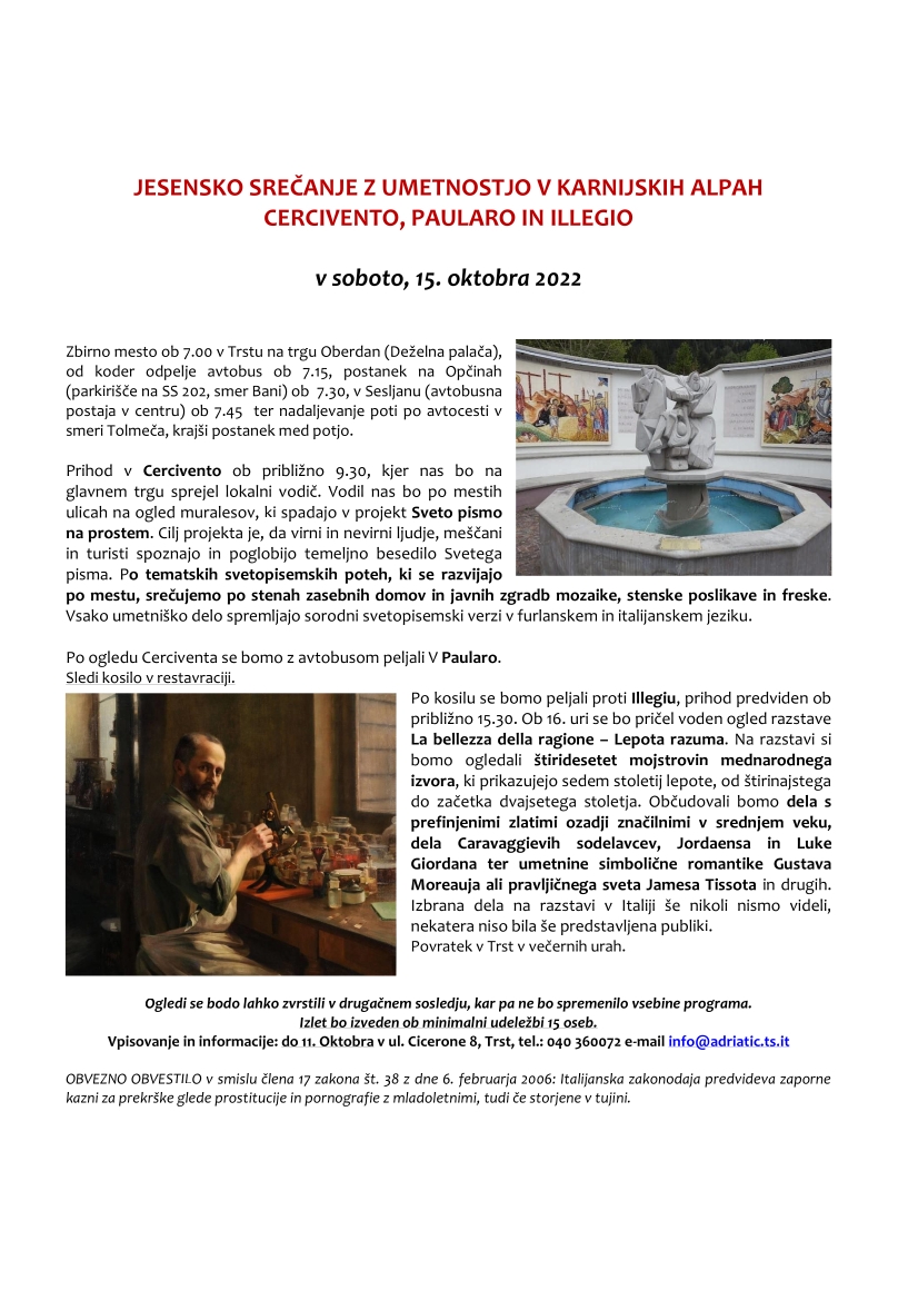 Jesensko srečanje z umetnostjo v Karnijskih Alpah Cercivento, Paularo in Illegio sobota, 15. oktobra 2022